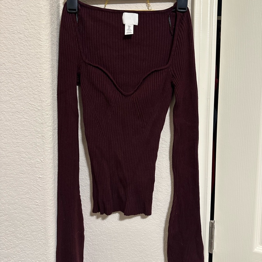 H&M Dark Burgundy Ribbed Off-Shoulder Top